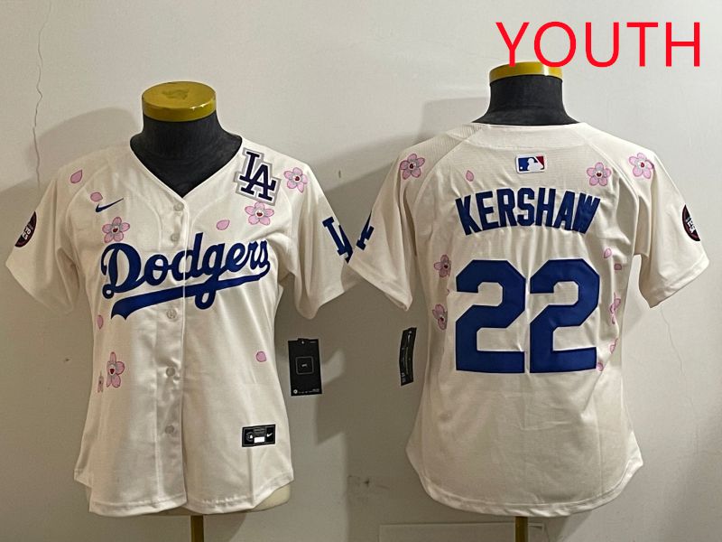 Youth Los Angeles Dodgers 22 Kershaw Cream Sakura Edition 2025 Nike MLB Jersey style 9
